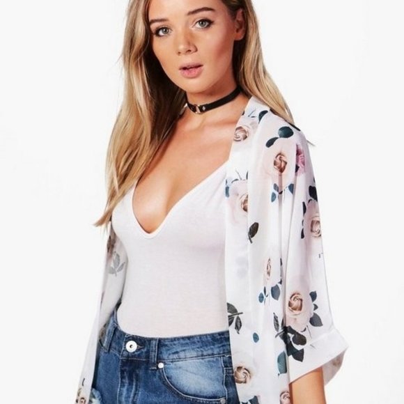 Long Rose Print Chiffon Kimono